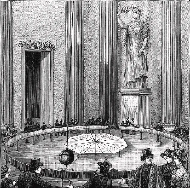 Engraving of Foucault’s pendulum swinging above a circular dial in the Panthéon, watched by visitors