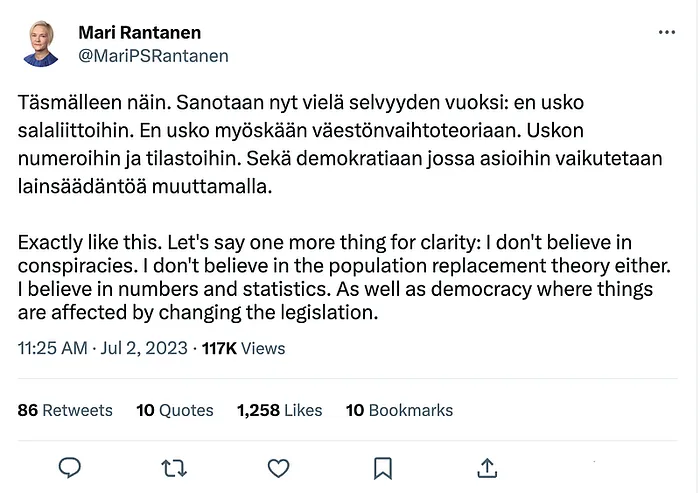 Tweet by Mari Rantanen on 2 July 2023, in Finnish and English, saying she does not believe in conspiracies but believes in numbers and statistics
