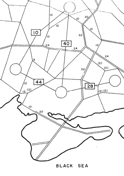 Detail of the declassified Harris and Ross report: rail links near the Black Sea labelled with daily tonnage capacities