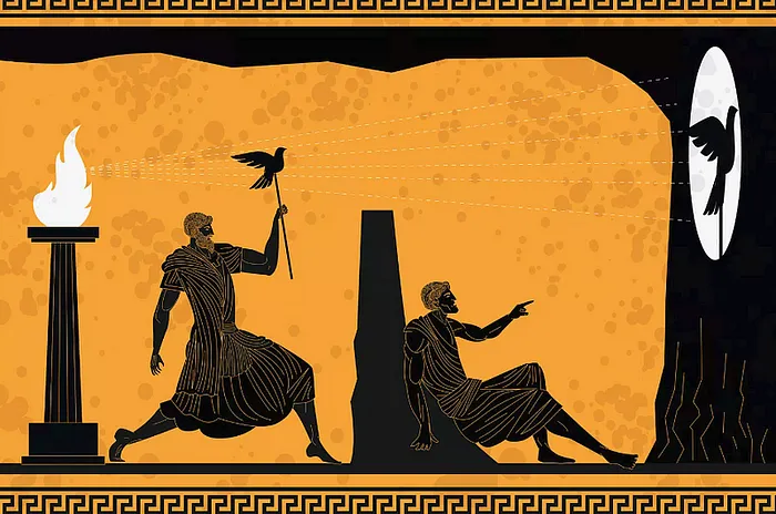 Greek vase-style illustration of Plato’s cave: a prisoner watches shadows cast on the wall by a fire behind him