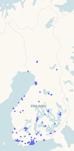 Map of Finland with a dot for each startup, concentrated along the southern coast