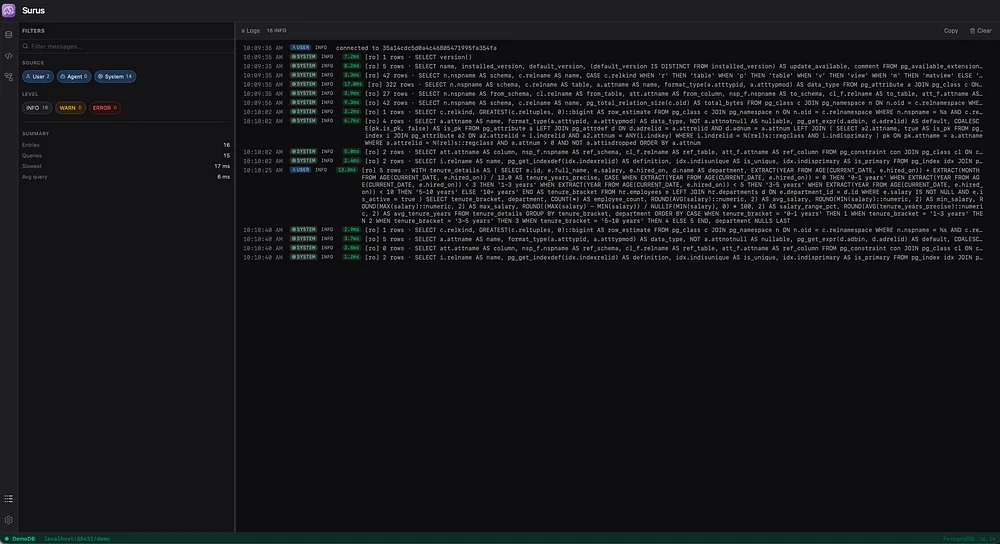 Surus query log listing each executed SQL statement with a timestamp and a tag showing who ran it
