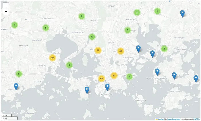 Map of the Helsinki region with clustered startup counts around the city centre, Maria 01 and the Aalto University campus
