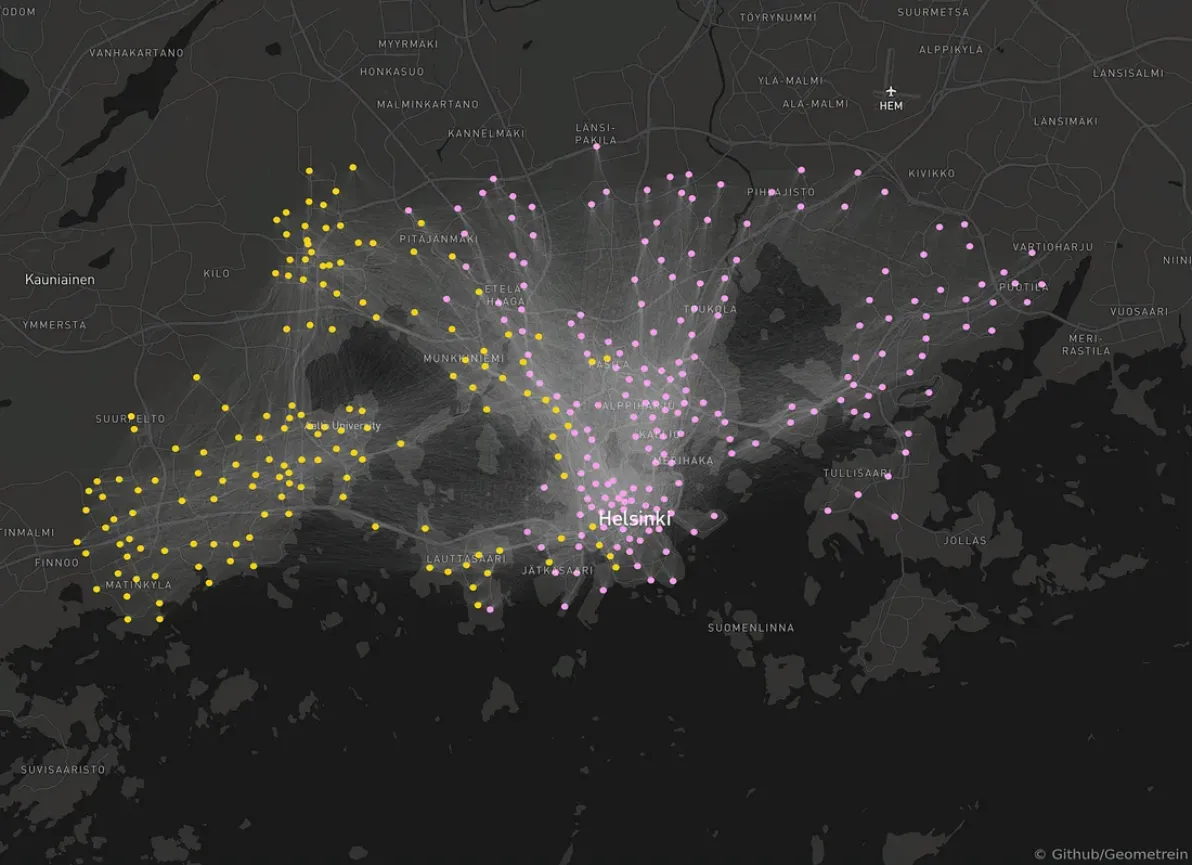 Map of the Combo community detection result: two communities split roughly along the Espoo–Helsinki border