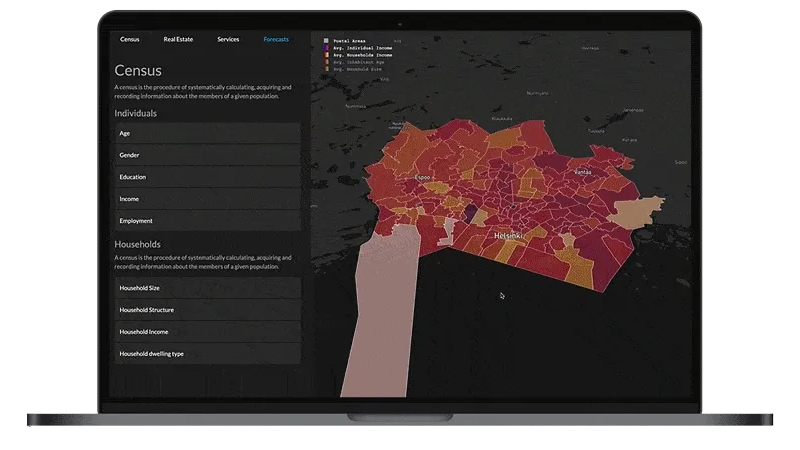 Animated demo of Dashmap on a laptop: selecting postal areas on a map of Helsinki updates the census dashboard