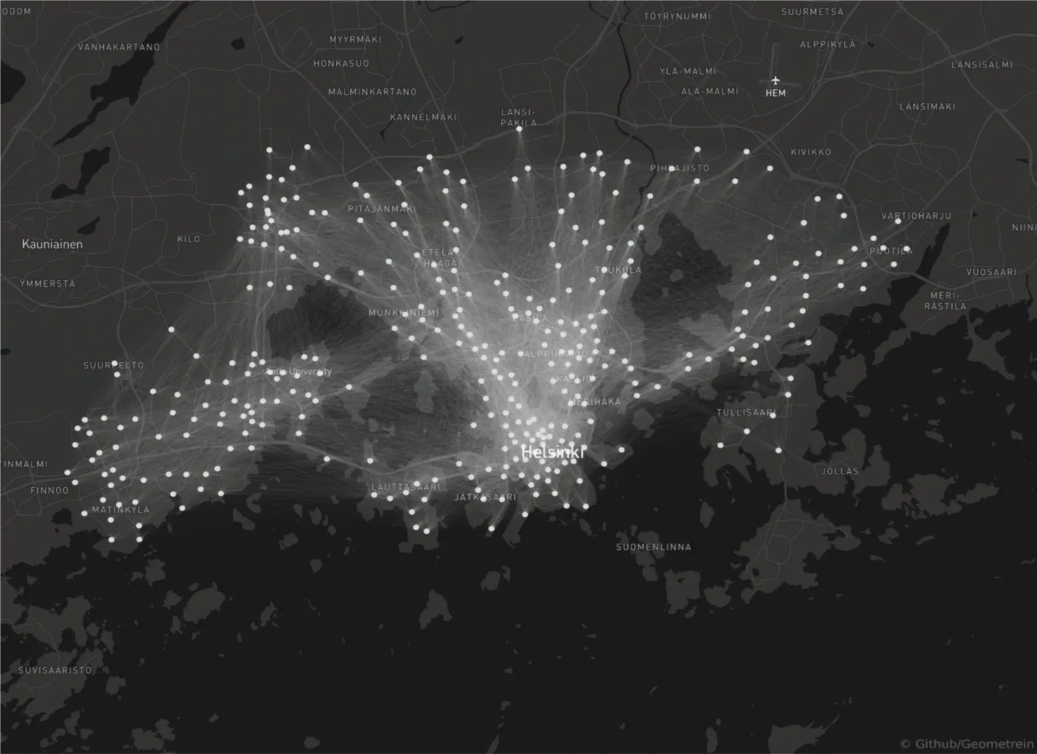Map of the Helsinki city bike network: stations as white dots linked by trips, densest in central Helsinki