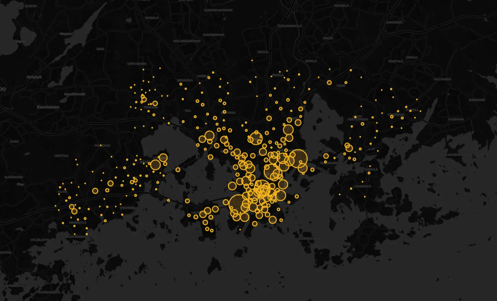 Bubble map of city bike usage by station in 2020, with the largest bubbles in central Helsinki