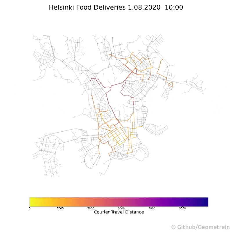 Animated street map of Helsinki showing courier deliveries hour by hour from 1 to 7 August 2020, coloured by travel distance