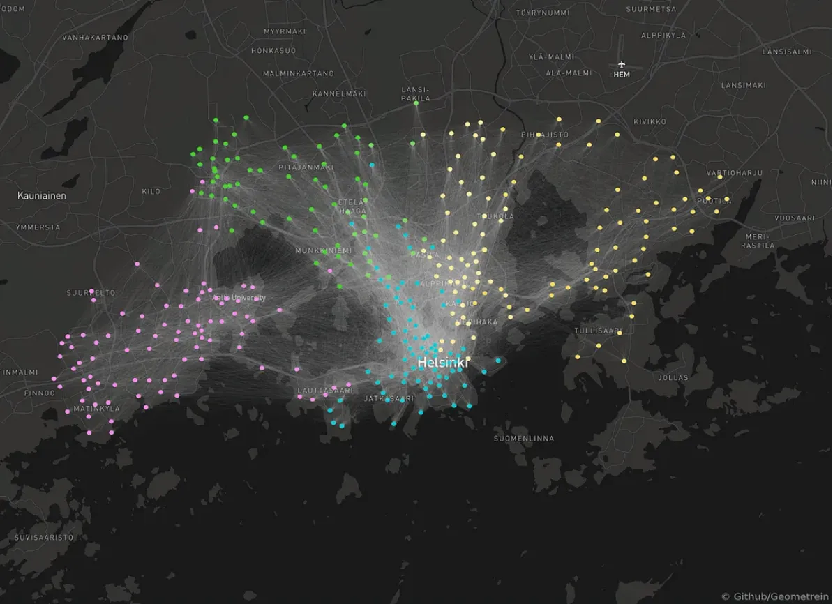 Map of the Louvain community detection result: four communities of stations shaped by the coastline and water