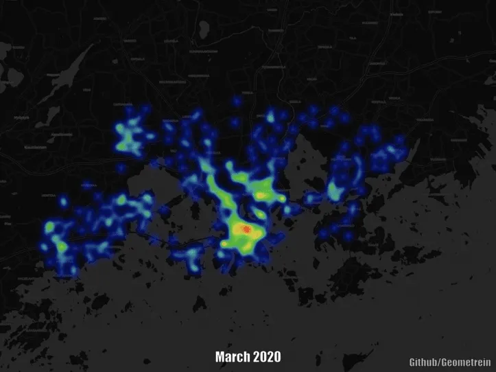 Animated heatmap over a dark map of Helsinki and Espoo showing station activity month by month, concentrated in central Helsinki