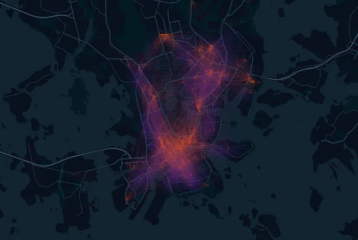 Dark map of Helsinki with restaurants in orange concentrated in the centre and users in purple spread across the city